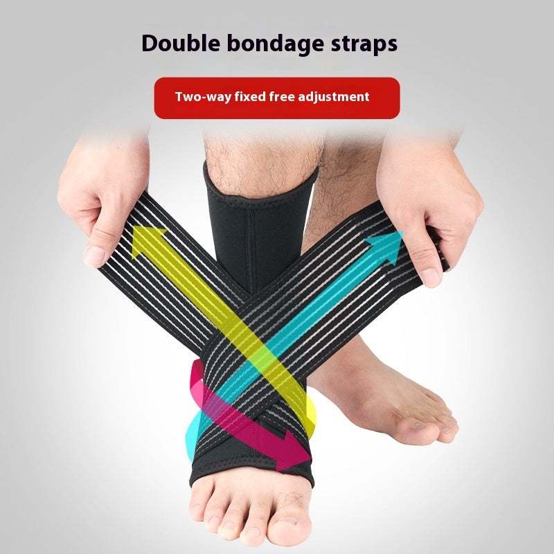 Ankle support with adjustable double bondage straps for enhanced comfort and protection.