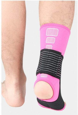 Pink active ankle support sleeve with adjustable straps for comfort and protection.