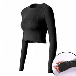 Black long-sleeve active crop top with thumb holes.