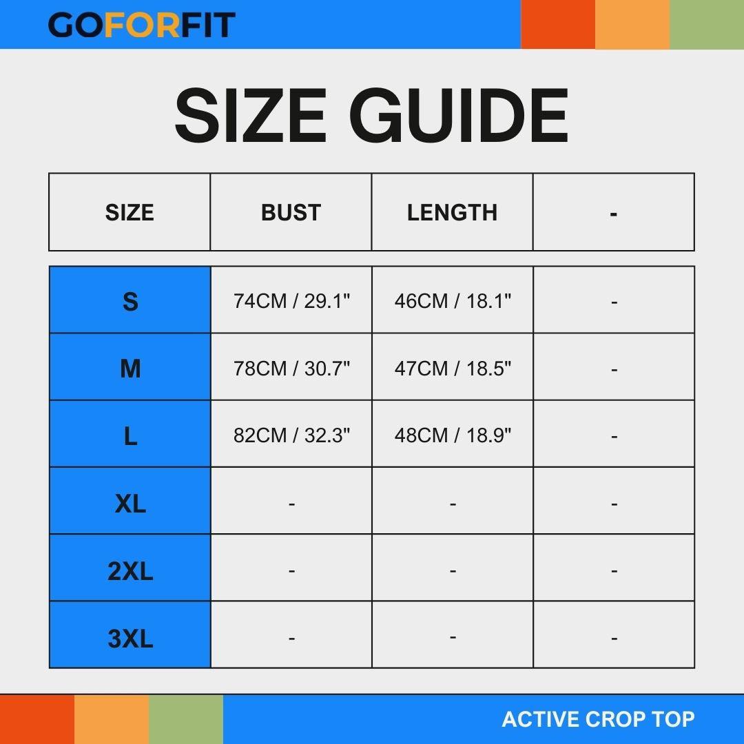 Active Crop Top size guide with bust and length measurements for sizes S, M, and L.