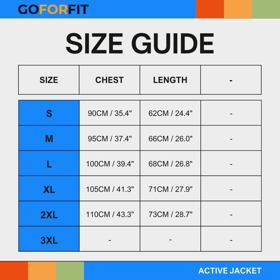 Size guide for Active Jacket by Go For Fit, featuring sizes S to 3XL with chest and length measurements in centimeters and inches.