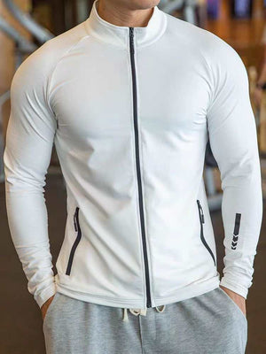 White active jacket with dual zipper pockets, designed for comfort and versatility in various activities.