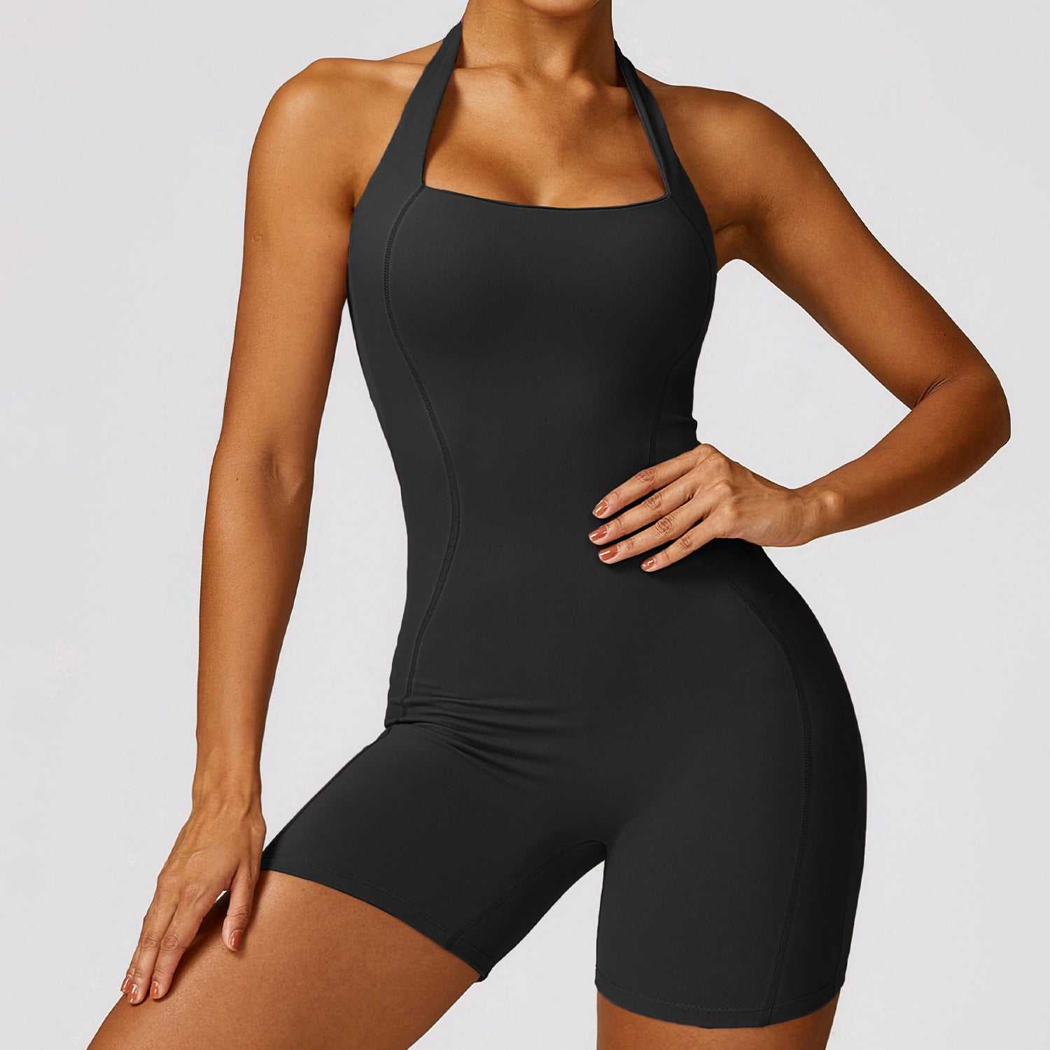 Active Jumpsuit, sleeveless, stretchy nylon, black, fitness apparel.