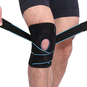 Black knee support with adjustable straps, offering customizable compression and breathable material for athletes and fitness enthusiasts.