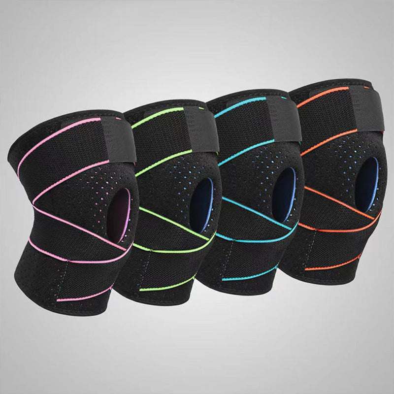 Active Knee Support in four colors with cross-strap design for adjustable compression and secure knee protection.