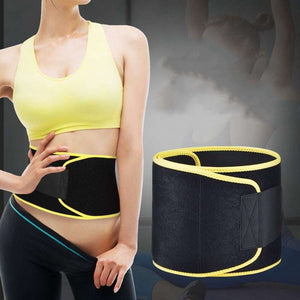 Active Waist Trimmer supporting core workouts, adjustable fit, black and yellow design.