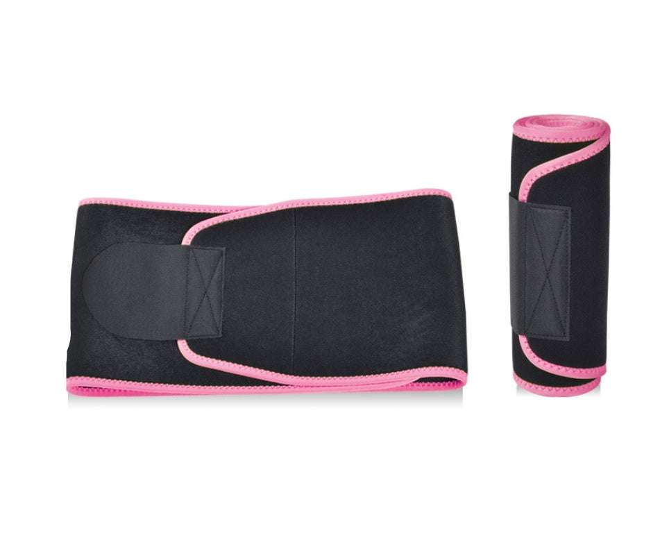 Active Waist Trimmer in black and pink, lay flat and rolled, adjustable and stylish design.