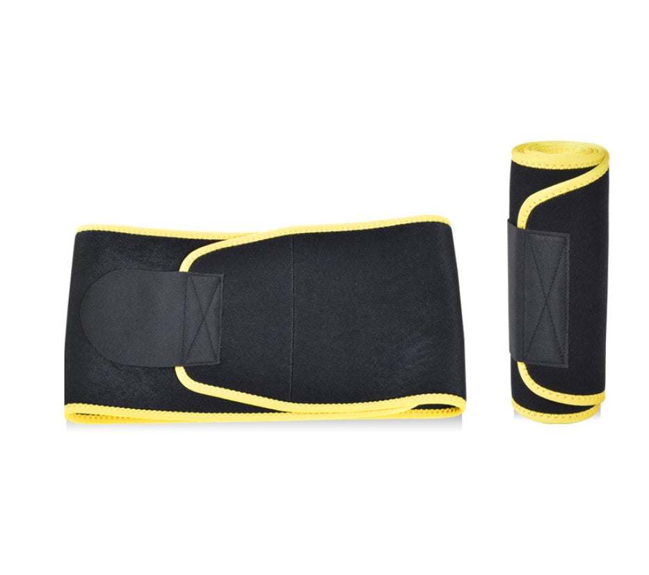 Active Waist Trimmer, black with yellow trim, adjustable and lightweight fitness accessory.