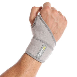 Gray active wrist support providing compression and stability.