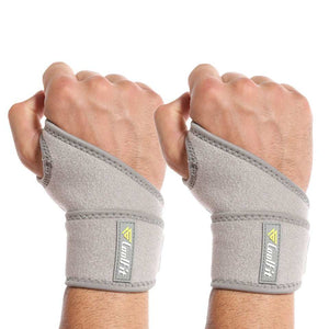 Grey adjustable nylon wrist support for enhanced stability and protection.