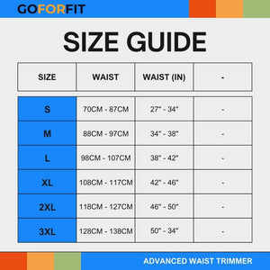 Size guide for Advanced Waist Trimmer, available in sizes S to 3XL, with corresponding waist measurements in cm and inches.