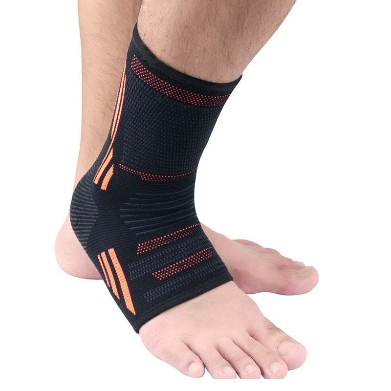 Ankle Support Sleeve for injury recovery and protection, black with red accents, shown on foot.