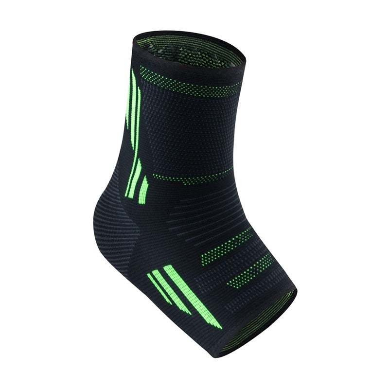 Black ankle support sleeve with green accents for injury prevention and recovery.