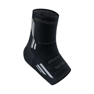 Black ankle support sleeve for recovery and protection, breathable fabric, available in multiple sizes.