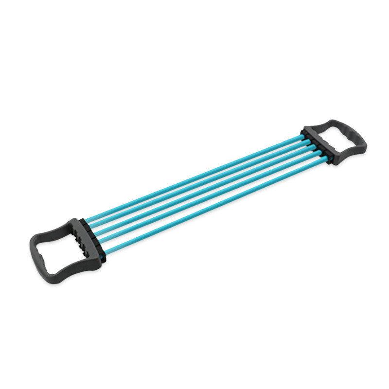 Chest expander with ergonomic handles and blue resistance bands for strength training.