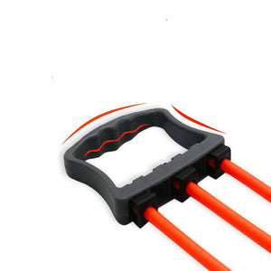 Chest expander with ergonomic handles and vibrant orange resistance bands.