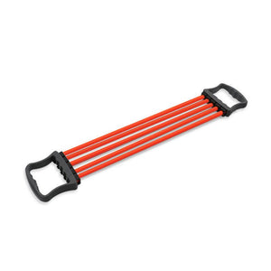 Chest Expander with orange resistance bands and ergonomic black handles for strength training.