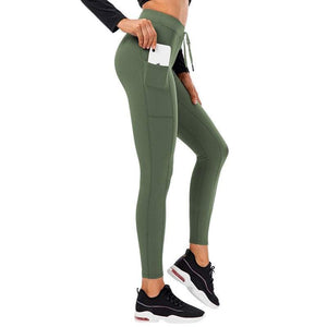 Green comfy leggings with an adjustable waistband and side pocket.