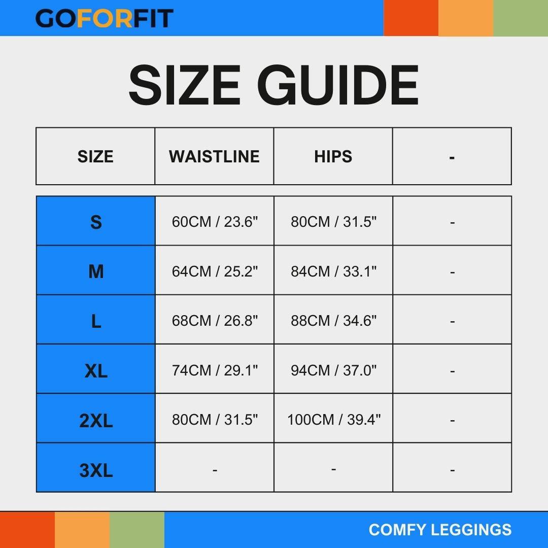 Size guide for Comfy Leggings, available in sizes S to 3XL, with waistlines ranging from 60cm to 80cm and hips from 80cm to 100cm.