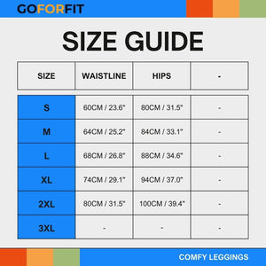 Size guide for Comfy Leggings, available in sizes S to 3XL, with waistlines ranging from 60cm to 80cm and hips from 80cm to 100cm.