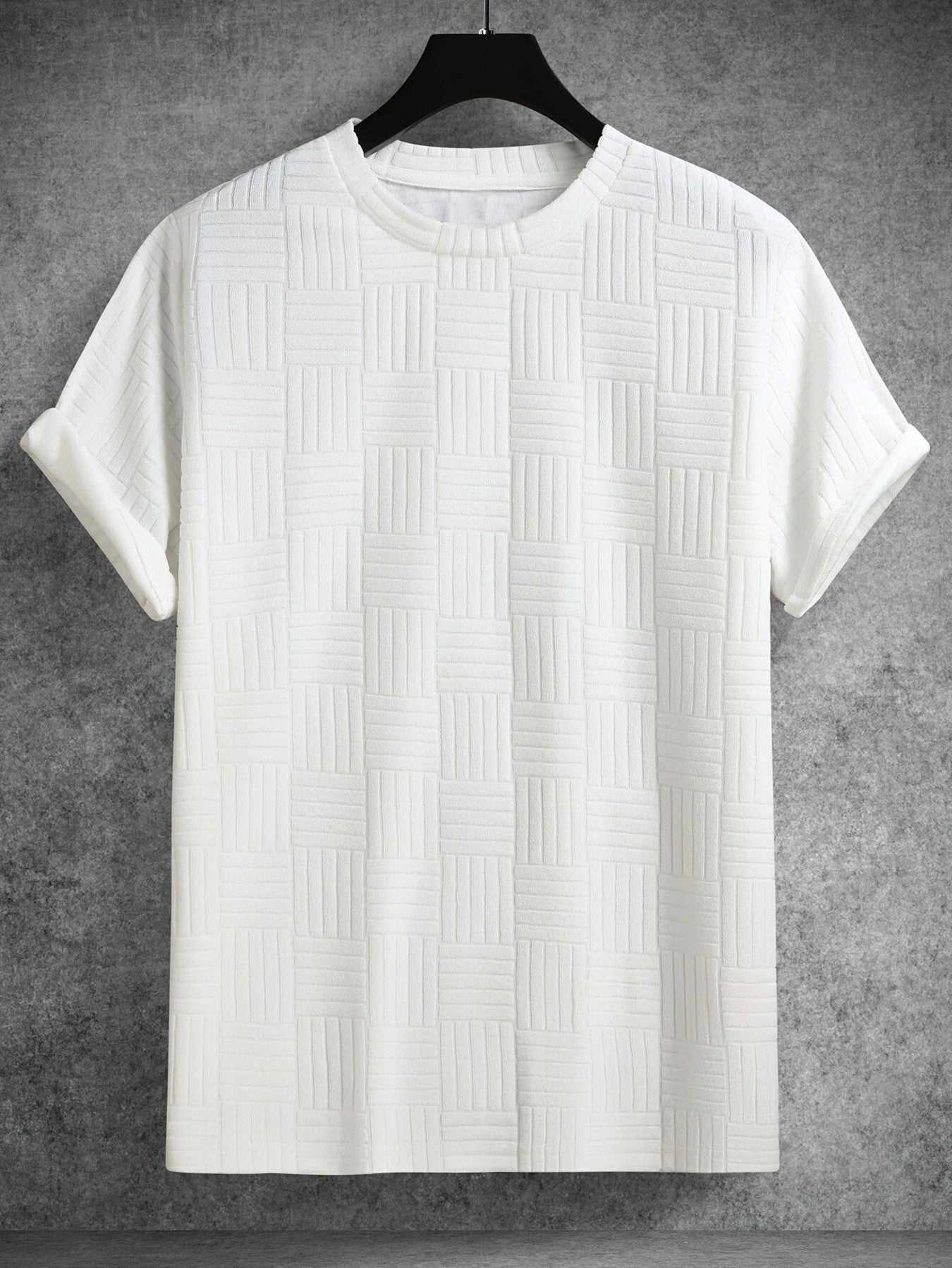 White Comfy Shirt with textured pattern, short sleeves, and relaxed fit.