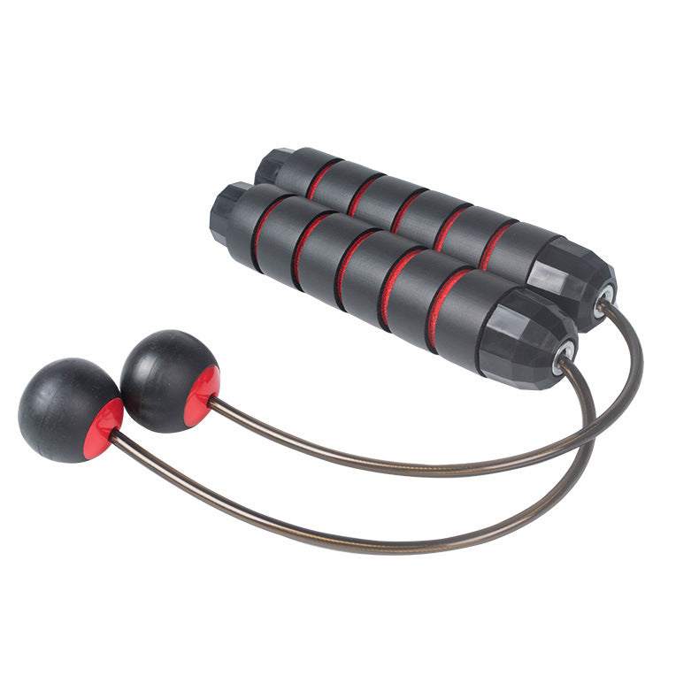 Cordless jump rope with weighted balls, ergonomic handles, and a sleek black and red design.