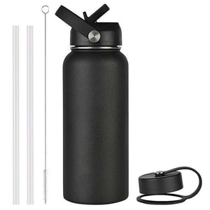 Black Deluxe Sports Bottle with straw and cleaning brush, featuring leak-proof lids and superior insulation.