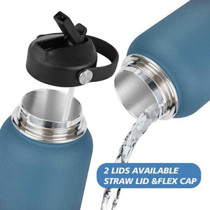 Deluxe Sports Bottle with straw lid and flex cap, blue, premium hydration, BPA-free, insulated for hot and cold drinks.