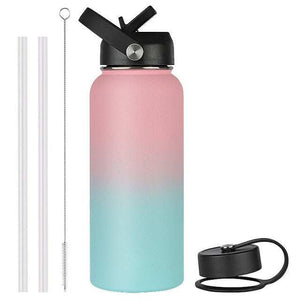 Deluxe Sports Bottle with dual lids, straw, and cleaning brush, in powder-coated pink and blue gradient design.