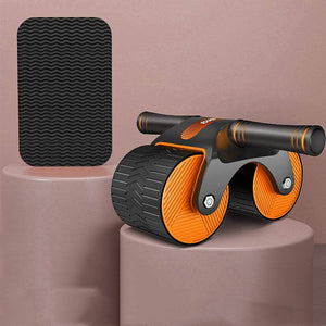 Enhanced Ab Roller with non-slip wheels and ergonomic grip handles, includes free kneeling mat.