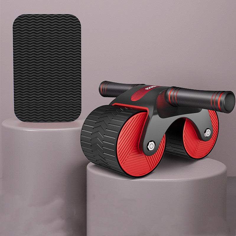 Enhanced Ab Roller with double non-slip wheels and sweat-resistant grip handles, featuring automatic rebound, shown with kneeling mat.