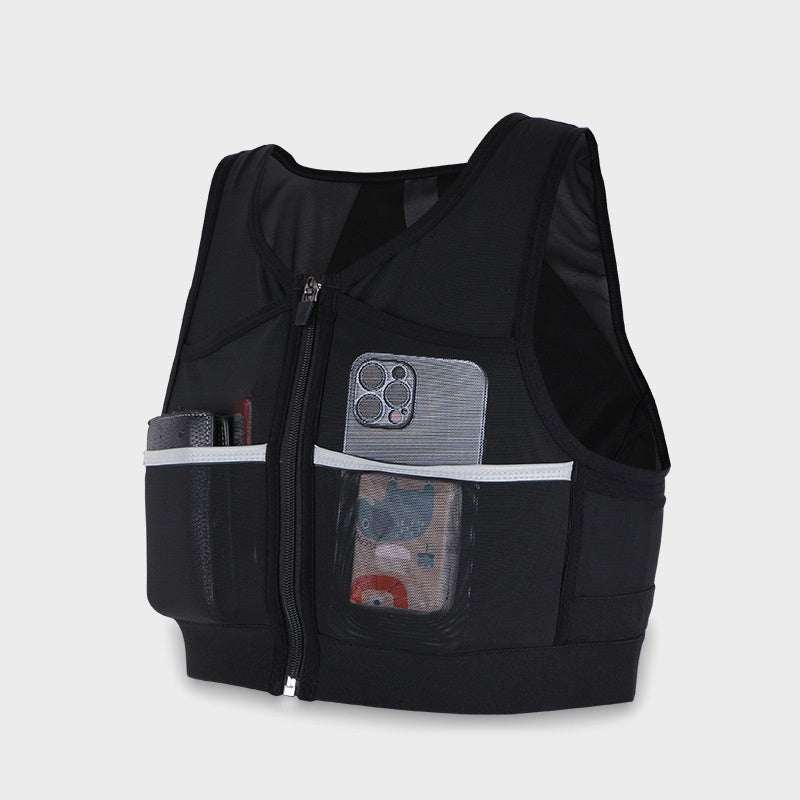 Black Enhanced Vest Bag with multiple storage compartments, lightweight design, and reflectors for safety.