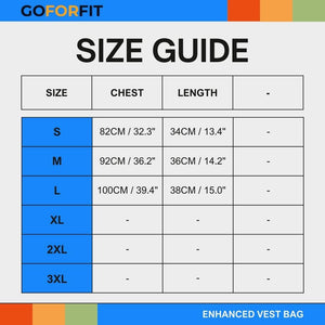 Size guide for Enhanced Vest Bag showcasing chest measurements and lengths for sizes S, M, and L.