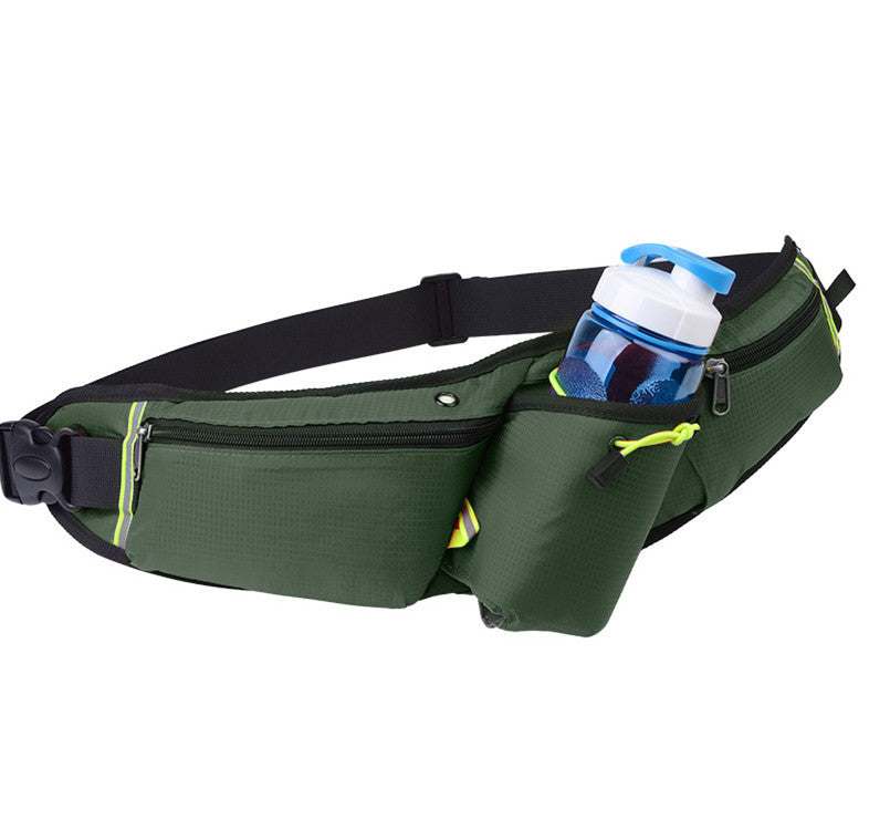 Green Enhanced Waist Bag with water bottle holder, adjustable strap, and multiple zippered compartments.