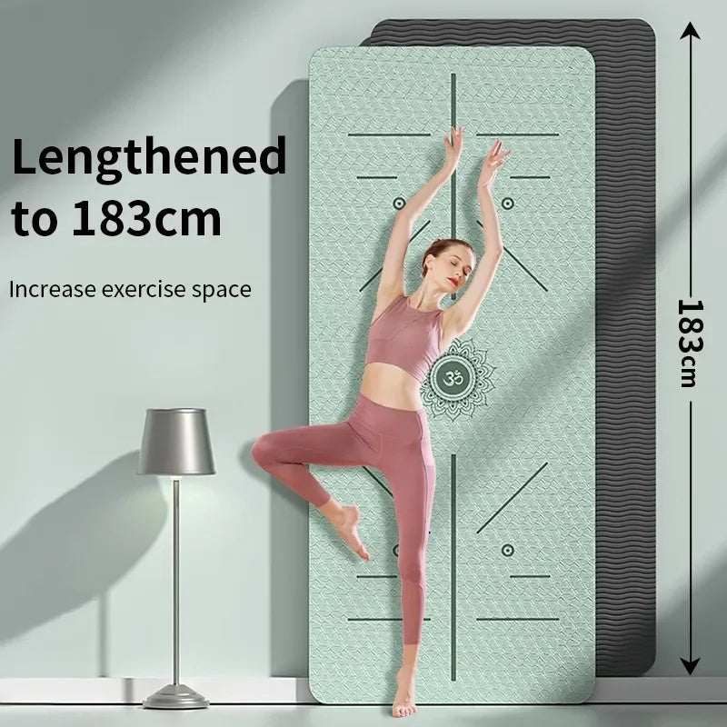 Enhanced Yoga Mat with non-slip surface and guide markings, 183cm length for increased exercise space.