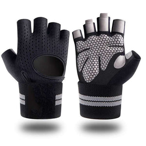 Fingerless fitness gloves with non-slip grip and wrist support, breathable design, unisex fit.