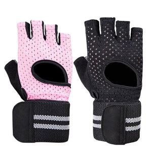 Fingerless gloves with breathable design and wrist support in pink and black.