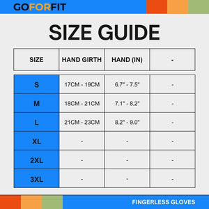 Fingerless gloves size guide chart showing hand girth and hand measurements for sizes S, M, L, XL, 2XL, and 3XL.