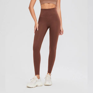 High waist leggings in brown, offering tummy control and breathable design for workouts or casual wear.