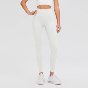 High waist leggings in white worn by a model for fitness and casual wear.