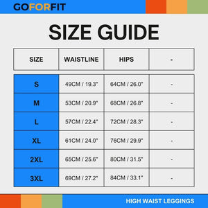 Size guide chart for GoForFit high waist leggings, displaying waistline and hip measurements for sizes S to 3XL.