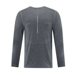 Gray long sleeve shirt, breathable fabric, unisex design, back view.