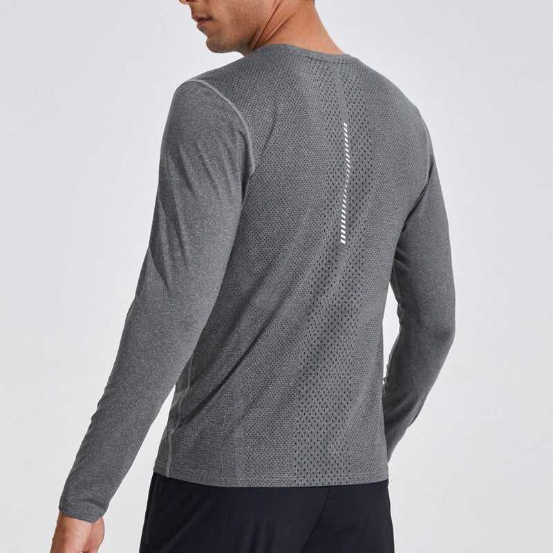 Long sleeve shirt, gray, breathable fabric, loose fit.