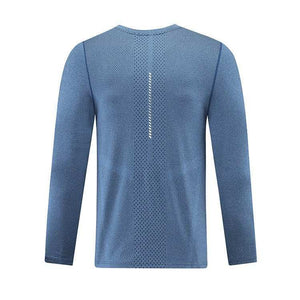 Blue long sleeve shirt with breathable fabric, unisex design, and loose fit for comfort and performance.