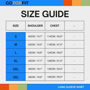 Size guide for GoForFit long sleeve shirt, showing available sizes from S to 3XL with shoulder and chest measurements.