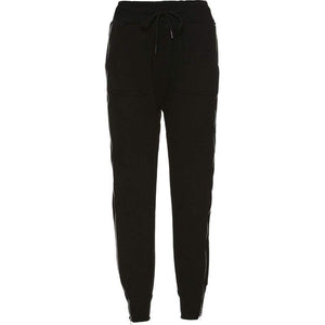 Black loose fit pants with adjustable waistband and quick-drying material.