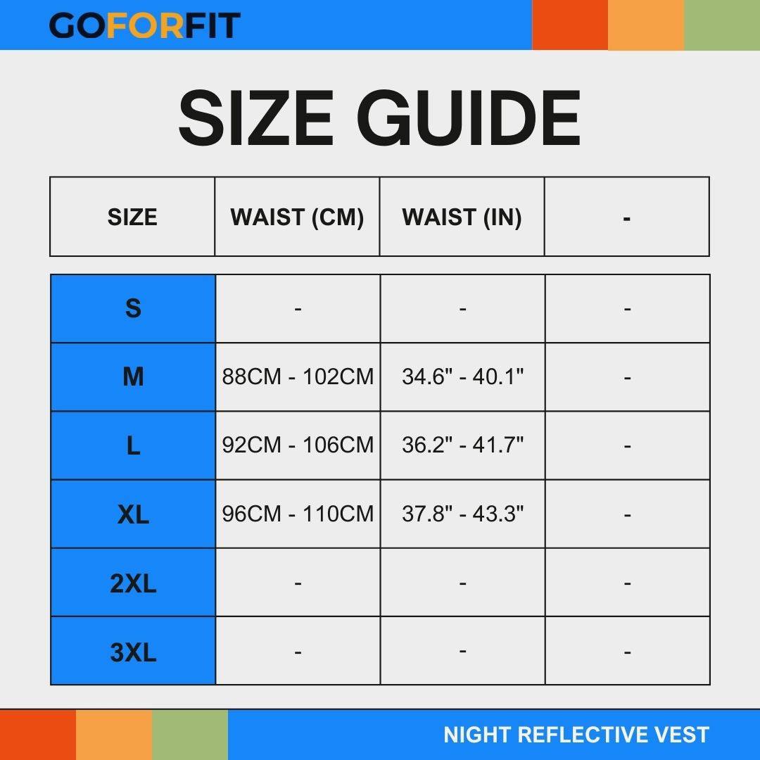 Size guide for Night Reflective Vest. Available sizes: Medium, Large, Extra Large. Waist measurements in cm and inches.