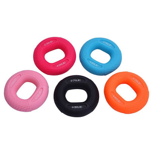 Colorful silicone grip rings for hand exercises, available in five resistance levels.