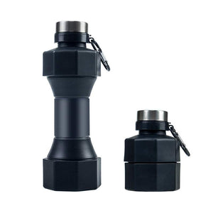 Black silicone sports bottle with collapsible dumbbell design and carabiner.