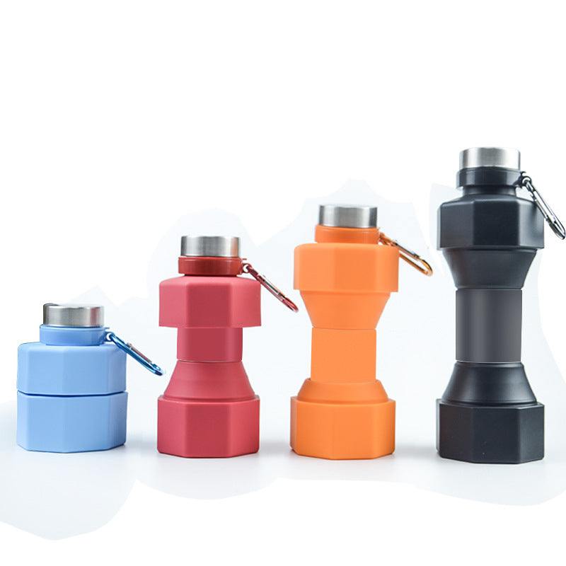 Colorful collapsible silicone sports bottles with creative dumbbell design and metal caps.